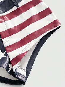 ROMWE Grunge Punk Pantalones cortos de cuero de tiro bajo y súper cortos con estampado de bandera estadounidense, estilo Y2K Baddie - Multicolor - Ver 3
