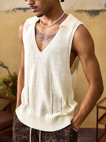 ROMWE MEN Street Life Men's V-Neck Minimalist Premium Knit Sweater Vest - Beige - View 5