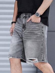 Manfinity Hypemode Men's Summer Casual Distressed Slant Pocket Denim Shorts - Light Grey - View 3