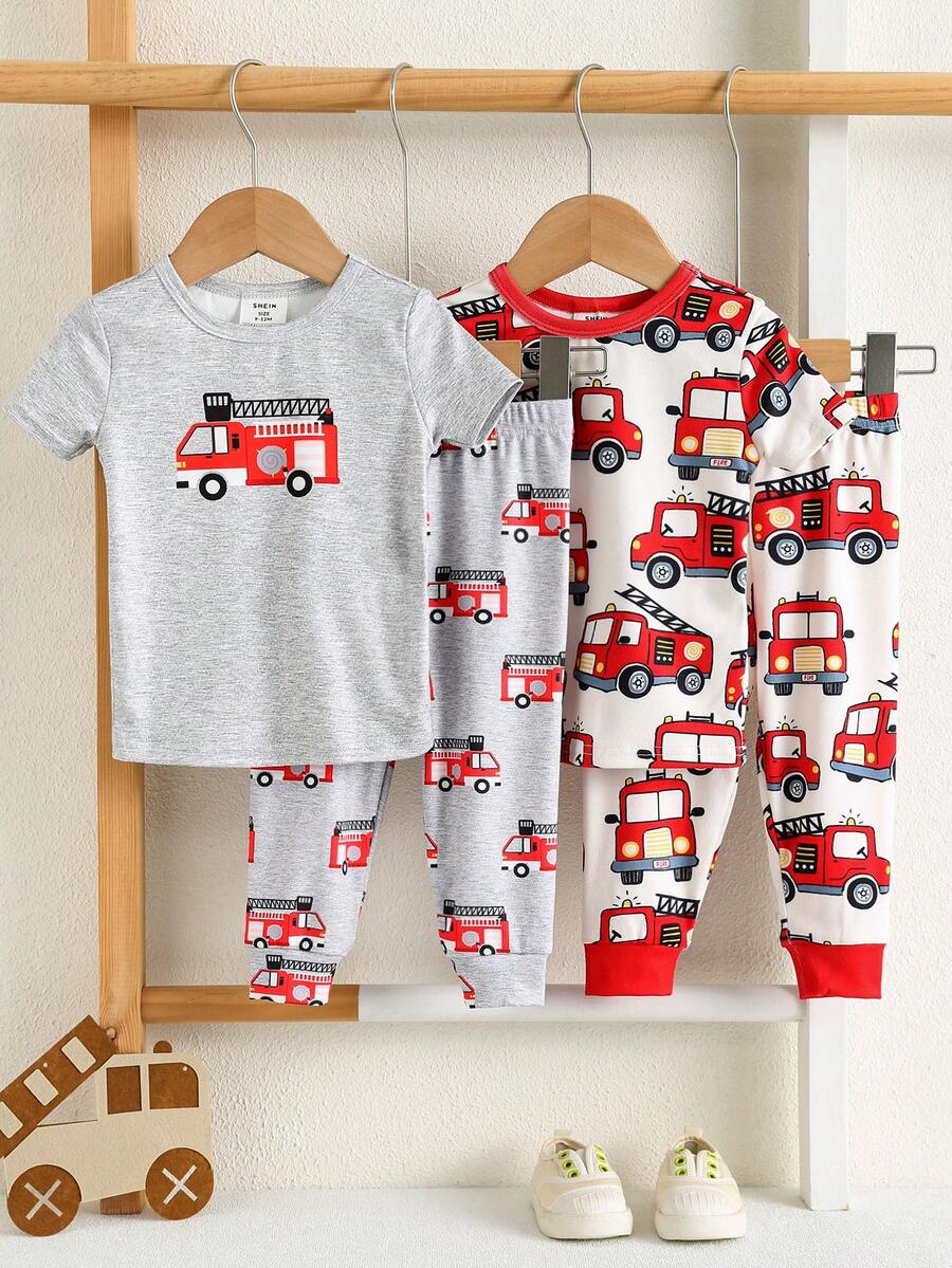SHEIN 4pcs Snug Fit Baby Boy Cute Casual Home Clothes Set, Knitted Cartoon Pattern Short Sleeve T-Shirt & Elastic Waist Pants Pajamas - Multicolor - View 1