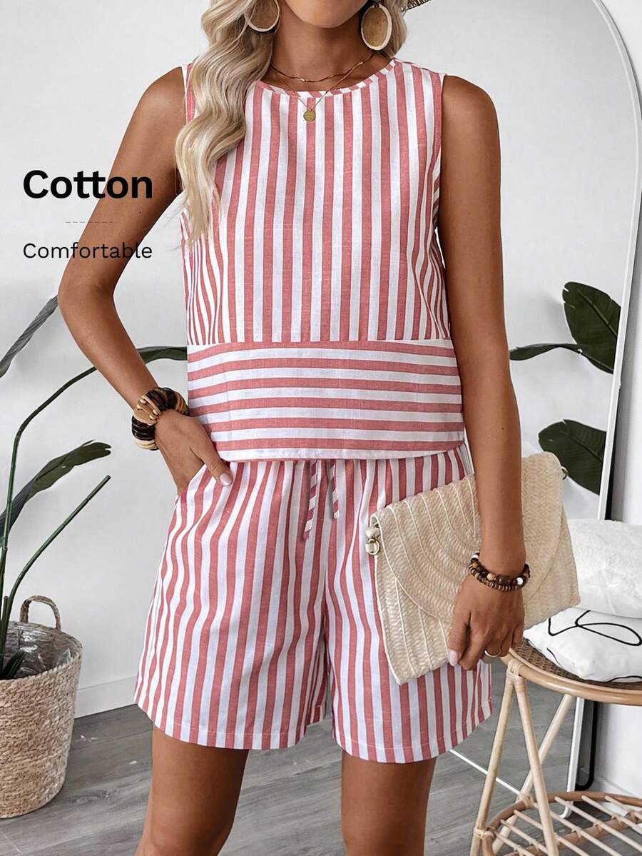 EMERY ROSE 2件套女士度假休闲条纹背心和短裤套装2件套女士夏季 - 彩色 - 查看 1