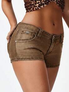 Jeanoix Quần short nữ denim cạp thấp, màu trơn, kiểu dáng tối giản, thường ngày. - Cà phê nâu - Xem 5