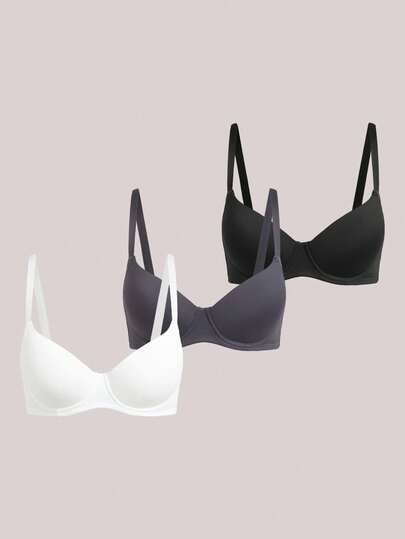 3pcs/Set Women's Solid Color Underwire Push-Up Bra - Unpadded, High Support, Adult