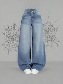 SHEIN ICON Quần jean ống rộng màu xanh dương dáng casual dành cho nữ, có thắt lưng. - Rửa nhẹ - Xem 2