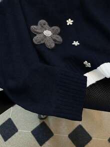 SHEIN Tall CURVE Plus Size Elegant Contrast Floral Button Long Sleeve Cardigan - Navy Blue - View 4