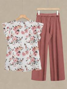 Linhara Bộ đồ 2 món cỡ lớn, thanh lịch, in hoa, viền bèo nhún, áo và quần, thích hợp cho mùa hè. - Nhiều màu - Xem 2