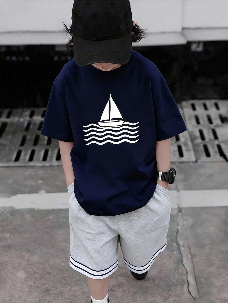 Tween Boys Royal Blue Short Sleeve Tee With Pockets And Striped Bermuda Shorts Two-Piece Everyday Co-Ord - Royal Blue - View 1