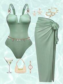 Swim Oasis Elegant Green Polyester Straps Sleeveless Knot Plain Long One-Piece With Skirt For Women - Green - View 1