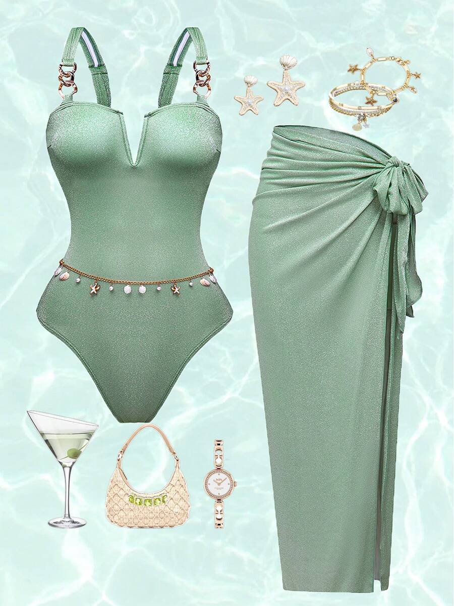 Swim Oasis Elegant Green Polyester Straps Sleeveless Knot Plain Long One-Piece With Skirt For Women - Green - View 1