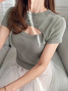 FRIFUL 女士圆领镂空前片紧身短袖性感针织上衣 - 灰色 - 查看 1