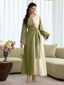 Yasmyna 女士春夏绿色拼接杏色长袖打结刺绣流苏下摆优雅休闲腰带A字阿拉伯连衣裙 - 彩色 - 查看 6