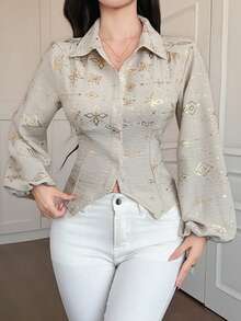 DAZY Women's Elegant Floral & Geometric Silver Foil Tie Front Blouse, Spring/Summer - Apricot - View 3