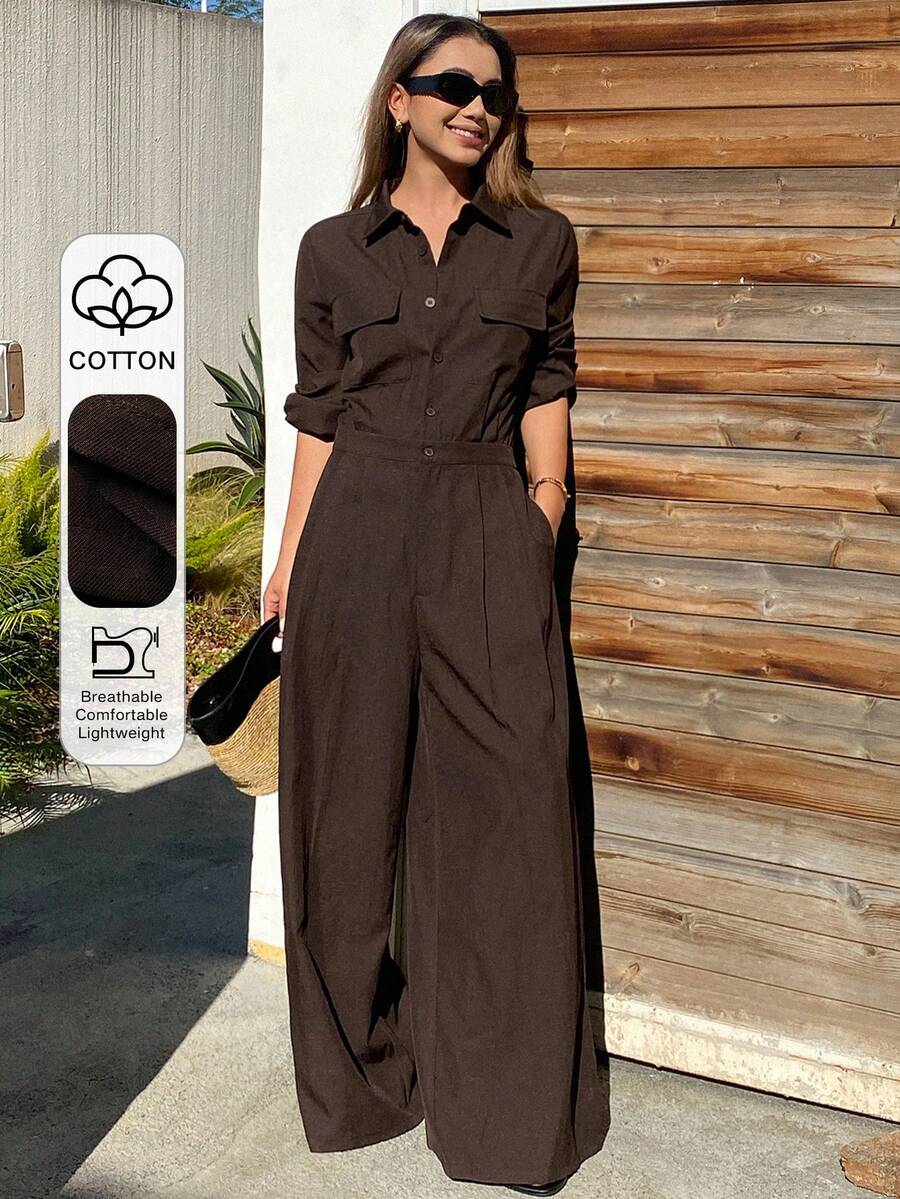 Livesso Women's Loose Business Casual Lightweight Jumpsuit With Large Pockets, Brown, Suitable For Office, Street Wear, Spring/Summer - Brown - View 1
