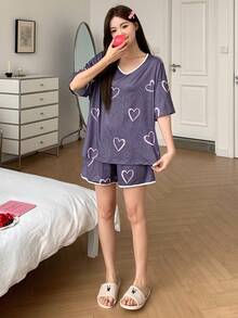 DAZY 女士宽松爱心印花撞色滚边睡衣套装，夏季 - 紫色 - 查看 6