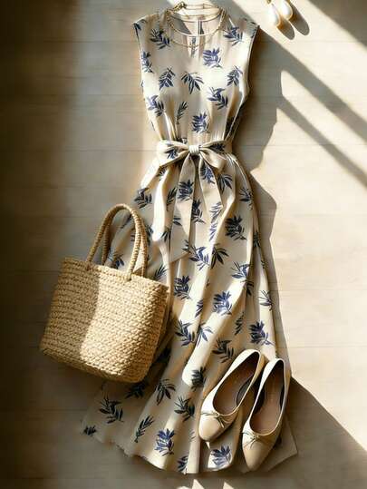 Franclia Elegant Sleeveless Round Neck Slimming Midi Dress, Apricot Base Bubble Graphic Print, New Summer Fashion For Women