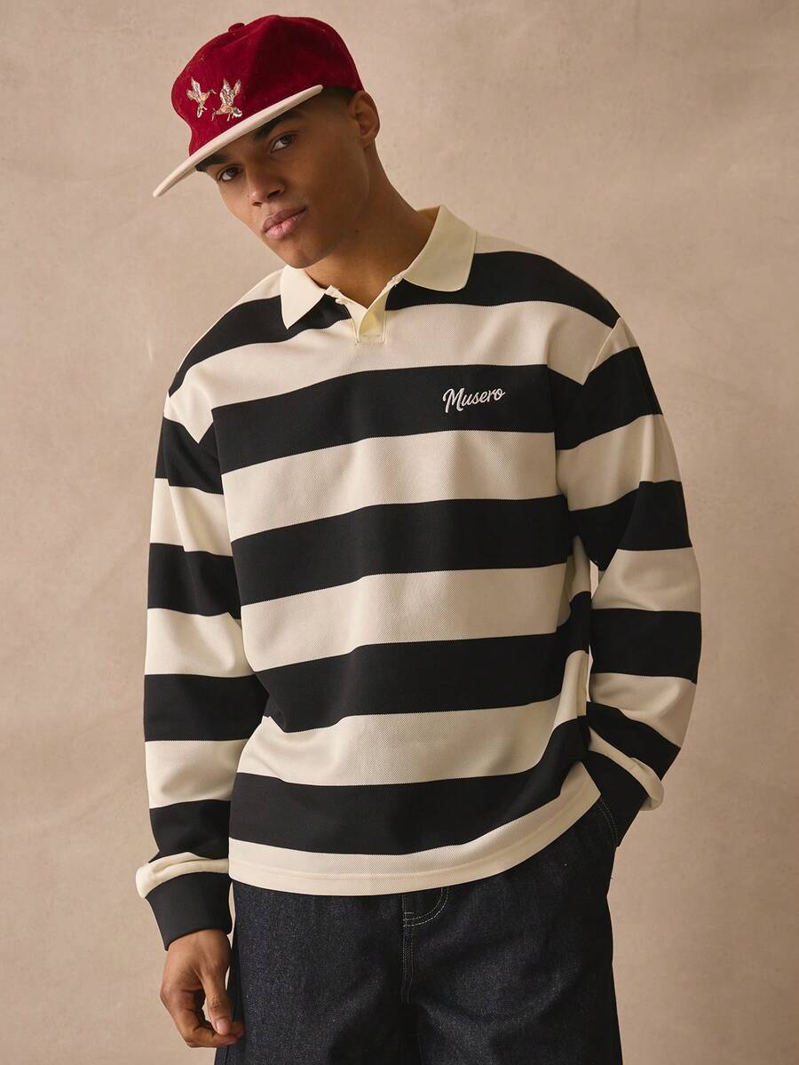 Musero Long Sleeve Panel Style Striped Polo Top Collared Single Button Detailing Autumn Winter Essentials - Black and White - View 1