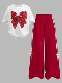 SHEIN Tween Girls' Casual Butterfly Graphic Round Neck Short Sleeve T-Shirt And Pants Set - Multicolor - View 7