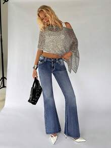 TRNVIE 女士休闲时尚街头日常通勤低腰喇叭牛仔裤 - 中等水洗藍 - 查看 7