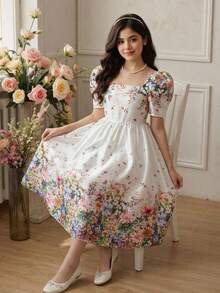 SHEIN 少女优雅印花方领收腰修身A字连衣裙，夏季 - 白色 - 查看 1