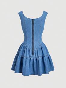 Sweetra Women's Casual Ruffled Hem Sleeveless Denim Dress - Blue - View 2