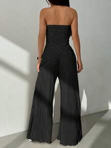 SHEIN PETITE Bộ đồ 2 món dành cho nữ: Áo quây và quần ống rộng màu trơn, thích hợp cho mùa hè. - màu đen - Xem 4