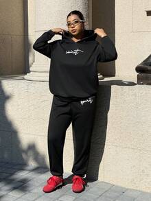 SHEIN EZwear 大码休闲百搭字母印花连帽衫和运动裤两件套 - 黑色 - 查看 6