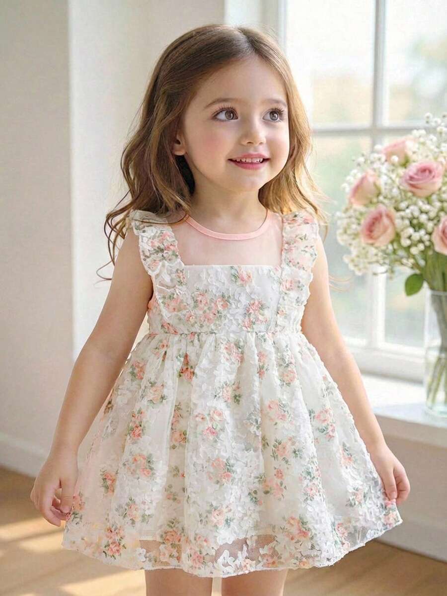 SHEIN 女婴优雅可爱碎花网纱无袖宽松连衣裙，夏季 - 粉色 - 查看 1