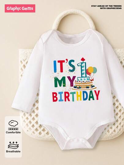 SHEIN GraphicGems Baby Boy Casual English Slogan & Birthday Graphic Comfortable Long Sleeve White Bodysuit, Suitable For Autumn/Winter/Spring, Lightweight & Cozy, Ideal For Casual Outings, Back To School, Outdoor Picnics, Street Photography, Festivals, Gifts