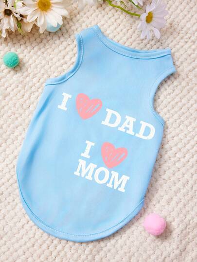 PETSIN 1 pieza Camiseta sin mangas para mascotas de estilo casual azul con estampado de la palabra "LOVE DAD MOM"