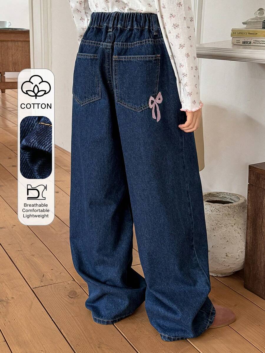 DAZY Tween Girls' Bow Embroidered Wide Leg Jeans - Blue - View 1