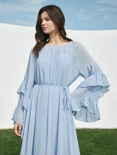 Ontre 2026SS New Arrival Spring/Summer Woven Midi Dress, Romantic Valentine's Day & Wedding Guest Outfit, Ruffle Hem Design, Waist Cinched A-Line Silhouette, Suitable For Office, Commute, Casual Occasions, Elegant, Comfortable