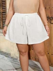 SHEIN CURVE+ Curve 尺码 US22 音乐节、海滨度假、波西米亚风女士亚麻条纹短裤套装 - 黑與白 - 查看 12