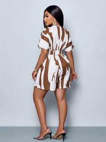 SOLERSUN Bộ áo liền quần tay cánh dơi có thắt lưng, in họa tiết ngẫu nhiên dành cho nữ, cỡ lớn. - Cà phê nâu - Xem 3