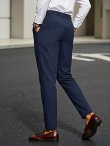 Manfinity Bizformal Men's Solid Color Casual Pants With Belt Loops And Pockets, Minimalist And Versatile, Formal - Navy Blue - View 3