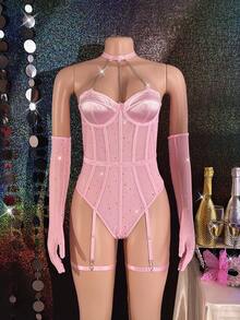 5pcs Sequin Mesh Patchwork Satin Front Metal Chain Underwire Sexy Jumpsuit Set - Pink - View 6
