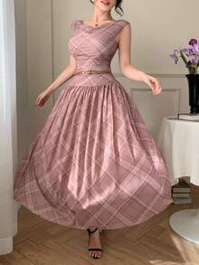 DAZY 女士优雅印花垂褶领中长连衣裙，夏季婚礼宾客礼服，女士吊带裙 - 卡其色 - 查看 3