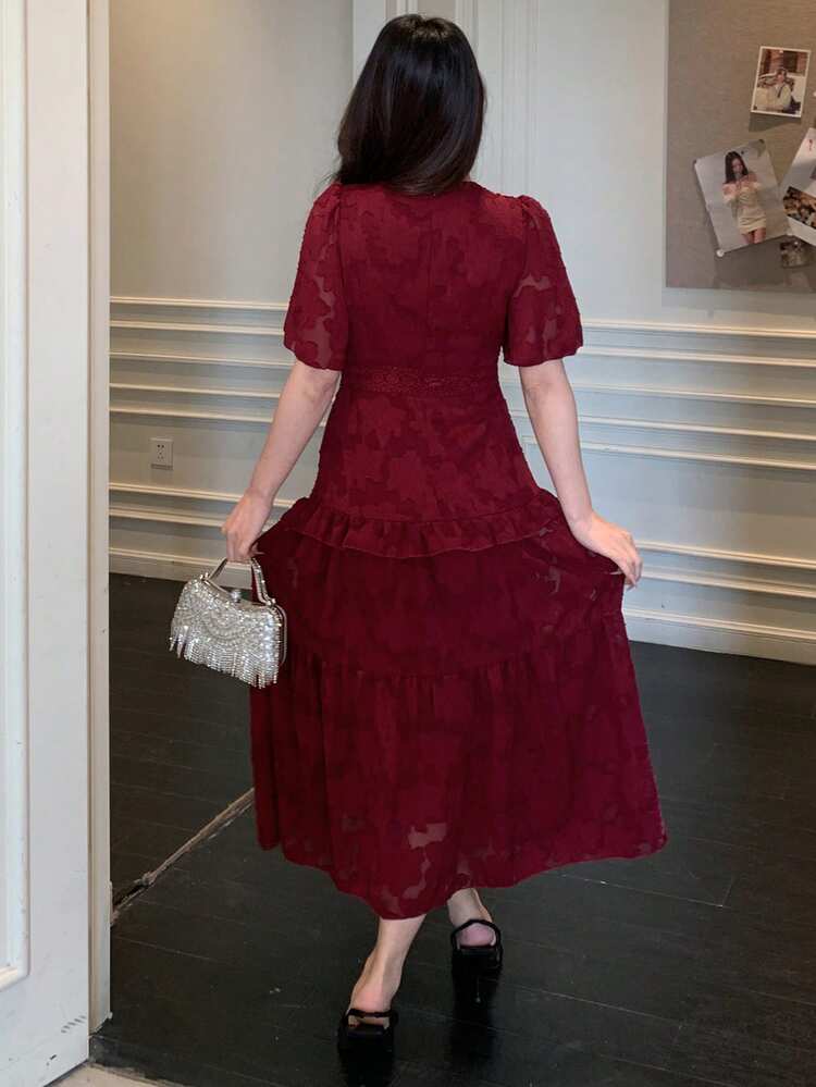 Women's Elegant Floral Textured Lace Patchwork V-Neck Petal Sleeve Midi Dress, Summer Sundress