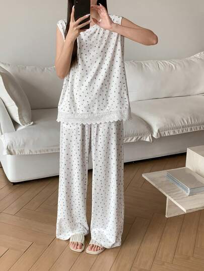 DAZY Set de pijamale de vară pentru femei, fără mâneci, cu dantelă florală și patchwork