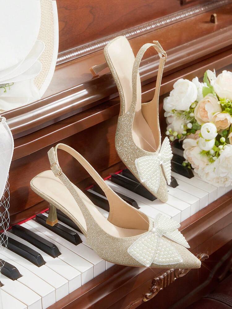 CUCCOO HITCHD Pointed Toe Pearl Bow Decor Women's High Heel Pumps, Elegant Solid Color Party Heels Elegant Shoes Wedding Shoes
