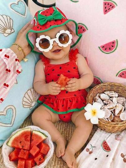 SHEIN 女宝宝可爱夏季蝴蝶结图案长袖泳衣