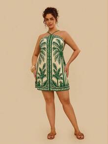 Travachic Plus Size Tropical Blue & White Palm Tree Print Spaghetti Strap Backless Summer Mini Dress - Green - View 3