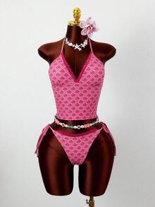 Zestiva 2026 Spring/Summer Spaghetti Strap Fuchsia Floral Deep V-Neck Pink Lace Trim Side High Cut Women's Bikini Swimwear 2-Piece Set - Pink - View 1