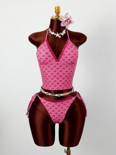 Swim Vcay 2026 Spring/Summer Spaghetti Strap Fuchsia Floral Deep V-Neck Pink Lace Trim Side High Cut Women's Bikini Swimwear 2-Piece Set