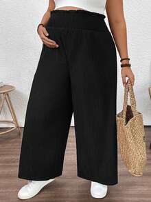 Plussiva Maternity Plus Size Solid Color Elastic Waist Casual Straight Loose Pants - Black - View 7