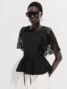 SHEIN Luminelle Women's Round Neck Lace Patchwork Flare Sleeve Cropped Ruffle Hem Blouse - Black - View 3