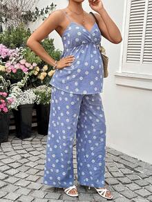 SHEIN Maternity Floral Print Camisole And Pants Casual 2 Pieces Set - Blue and White - View 3