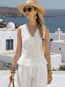 Breezaya Women's V-Neck White Ruffled Lace Textured Fabric Sleeveless Casual Vacation Top - White - View 6