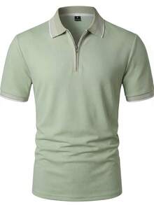 Manfinity Bizformal 男士短袖纹理面料拉链领 Polo 衫，适合外出和办公穿着；男士夏季纯色短袖休闲通勤 Polo 衫，适合高尔夫、男士休闲装、正装等场合。 - 綠色 - 查看 5