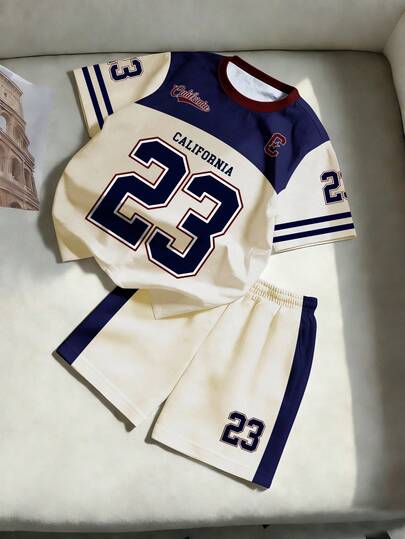 Chillumni 撞色数字印花圆领短袖T恤和短裤休闲套装