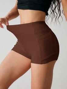 SHEIN PETITE 女士休闲纯色简约手机口袋短裤 - 棕色 - 查看 6